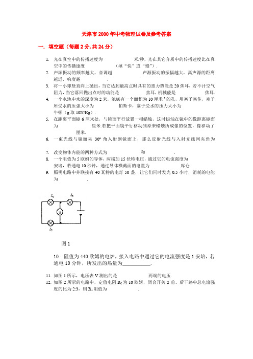 天津市2000年中考物理试卷及参考答案