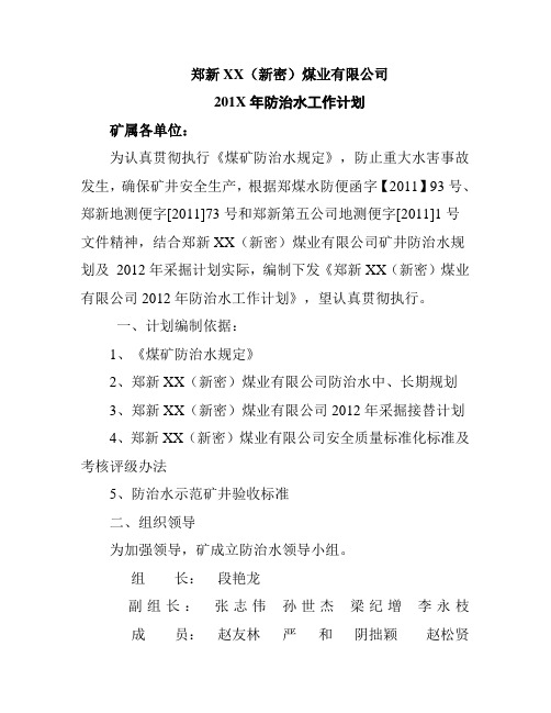 XX201X年度防治水计划