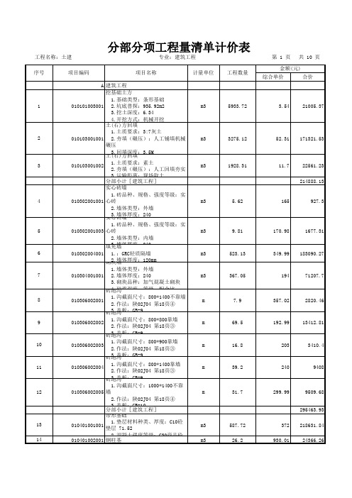 分部分项工程量清单计价表