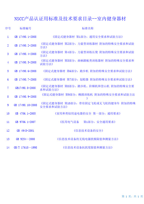 NSCC产品认证用标准及技术要求目录--室内健身器材