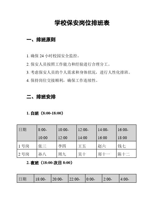 学校保安岗位排班表