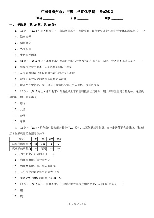 广东省梅州市九年级上学期化学期中考试试卷