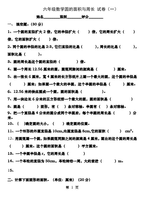 六年级数学圆的面积与周长试卷