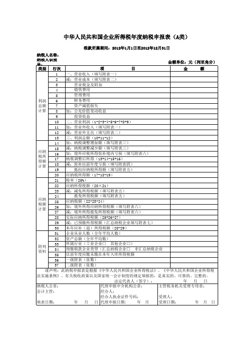 2012年企业所得税年度纳税申报表(A类)修订稿(4月10日)