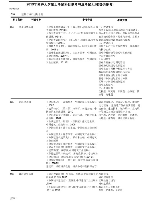 2013年同济大学硕士研究生初试科目参考书及大纲