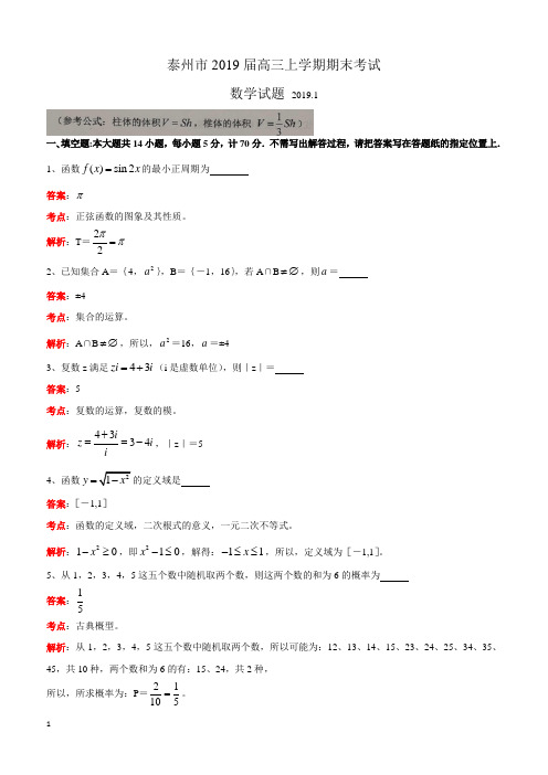 江苏省泰州市2019届高三上学期期末考试数学I试题(精品解析含答案)