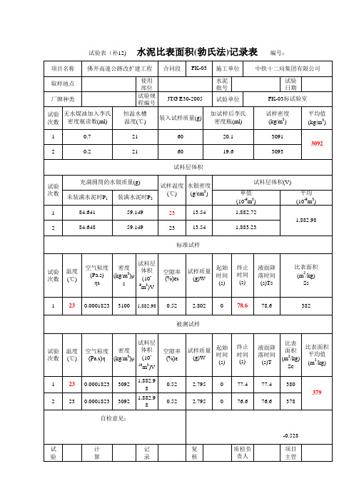 1水泥比表面积测定方法记录表