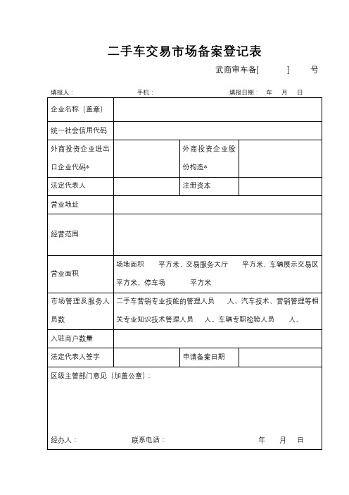 二手车交易市场备案登记表【模板】