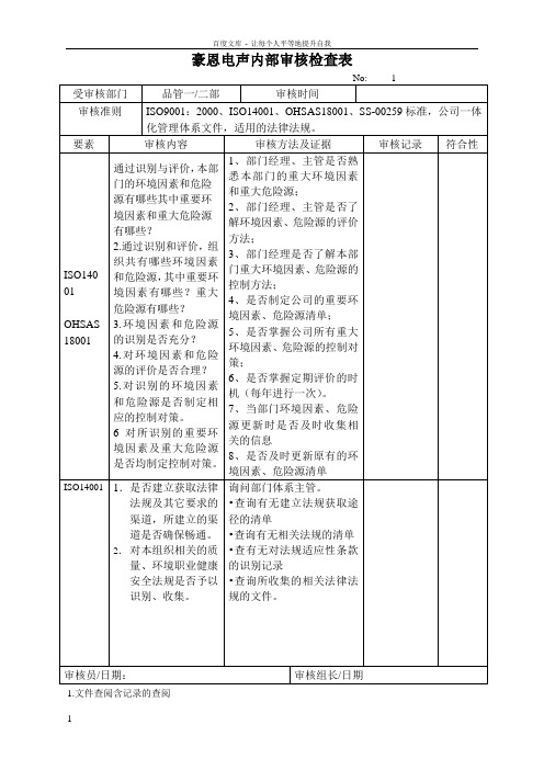 品管一二部内审检查表