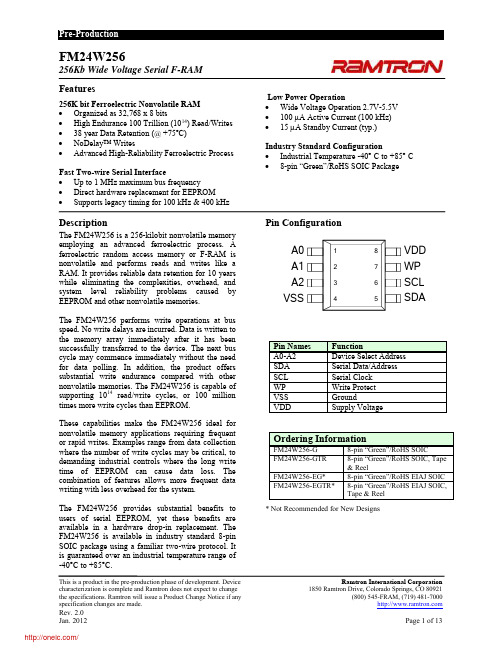 FM24W256-GTR;FM24W256-G;中文规格书,Datasheet资料