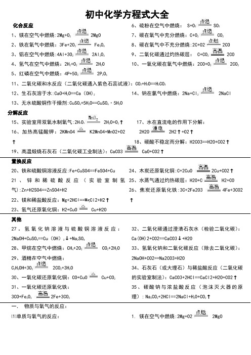 人教版初中化学方程式大全