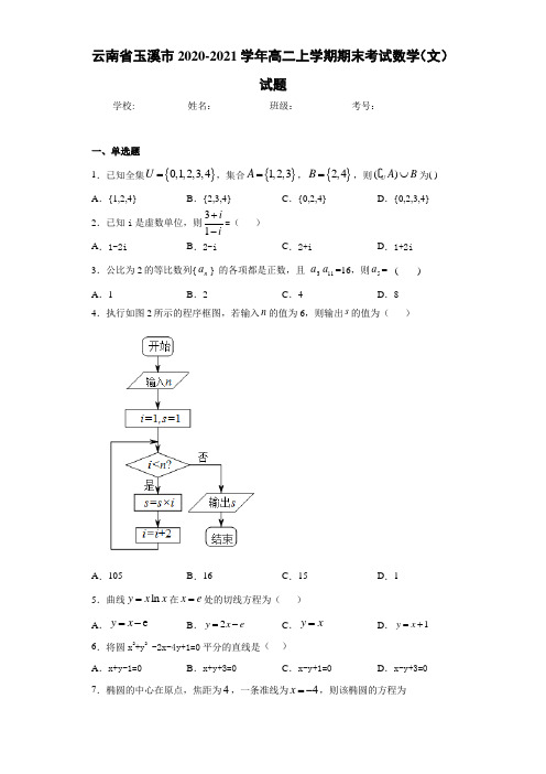 云南省玉溪市2020-2021学年高二上学期期末考试数学(文)试题