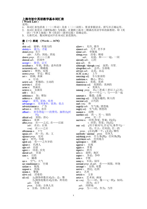 上海市初中英语教学基本词汇表