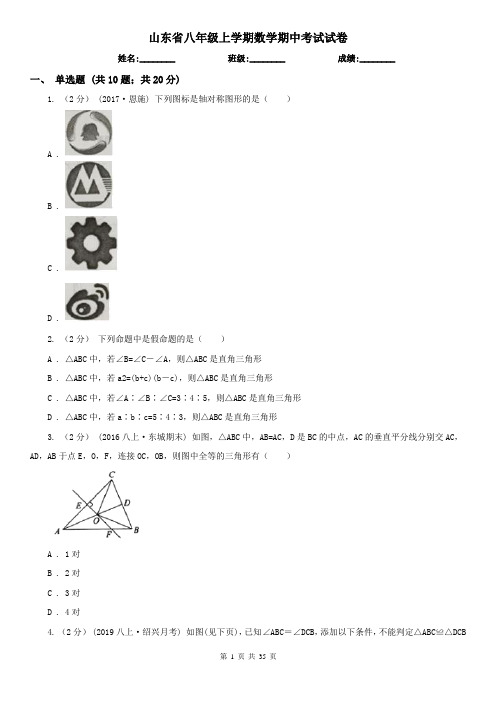 山东省八年级上学期数学期中考试试卷 