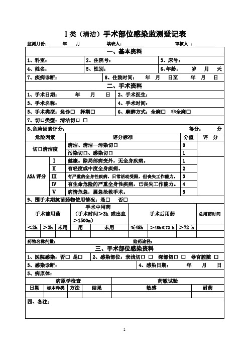 Ⅰ类(清洁)手术部位感染监测登记表