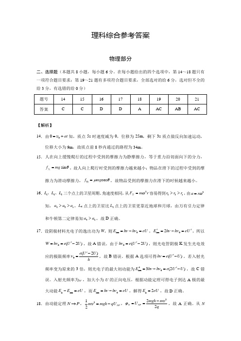 云南师大附中2020届高考适应性月考卷(八)-物理答案