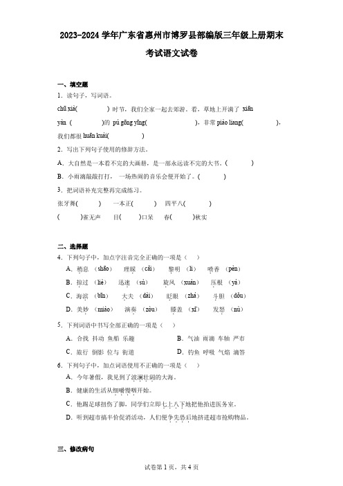 2023-2024学年广东省惠州市博罗县部编版三年级上册期末考试语文试卷