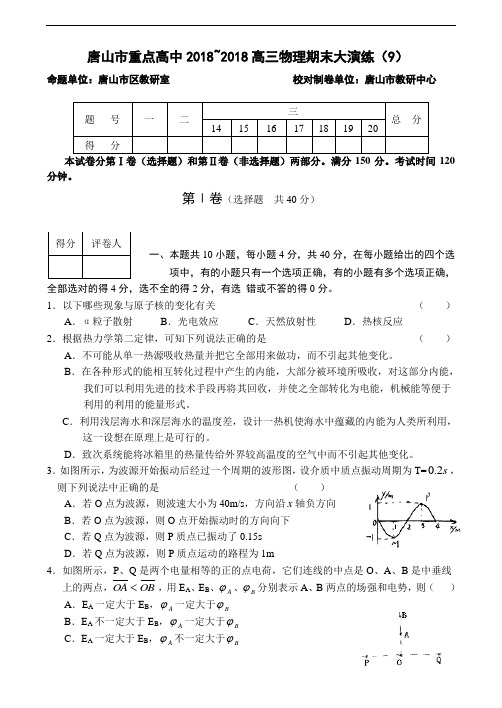 最新-河北省唐山市重点高中2018学年第一学期高三物理