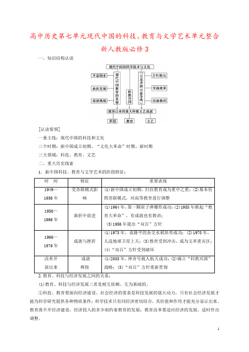 高中历史第七单元现代中国的科技、教育与文学艺术单元整合新人教版必修3