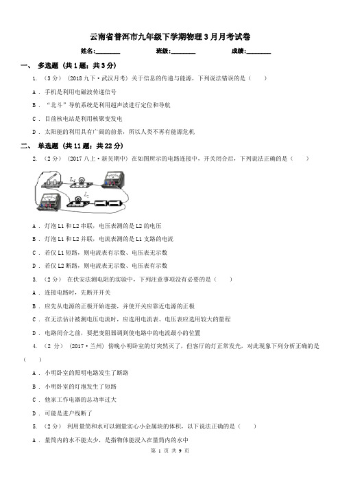 云南省普洱市九年级下学期物理3月月考试卷