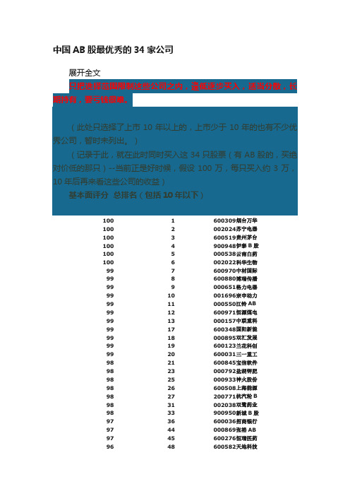 中国AB股最优秀的34家公司