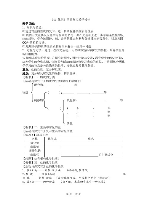 初中九年级(初三)化学 《盐化肥》单元复习教学设计