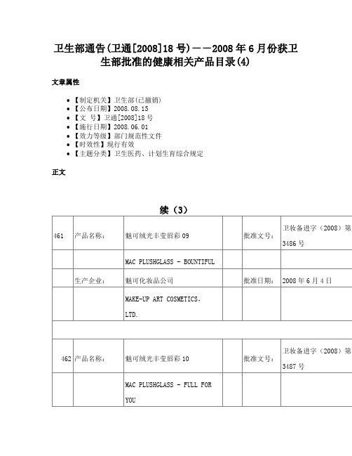 卫生部通告(卫通[2008]18号)－－2008年6月份获卫生部批准的健康相关产品目录(4)