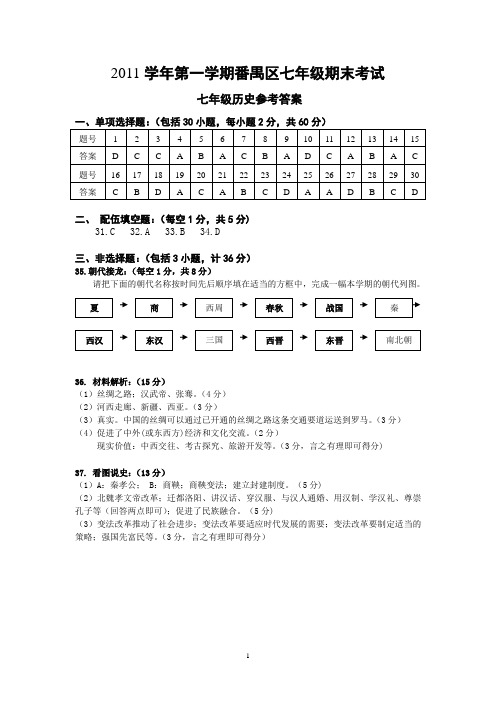 2011学年七年级第一学期历史期末试题参考答案