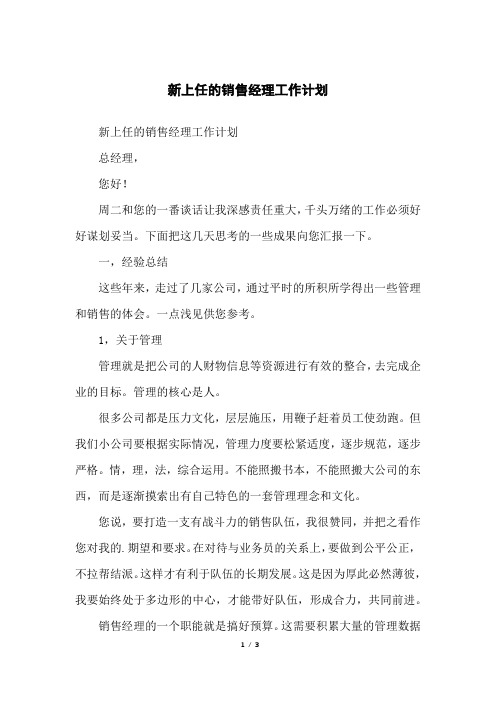 新上任的销售经理工作计划