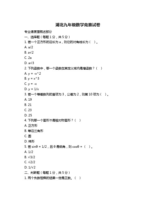 湖北九年级数学竞赛试卷