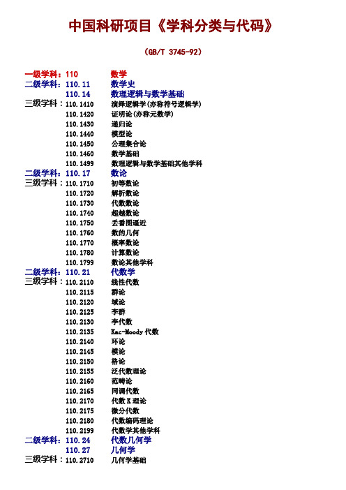 中国科研项目学科分类与代码