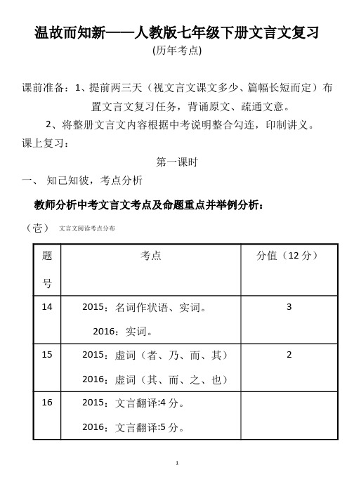 人教版七年级初一下册期末文言文专项复习(历年考点)