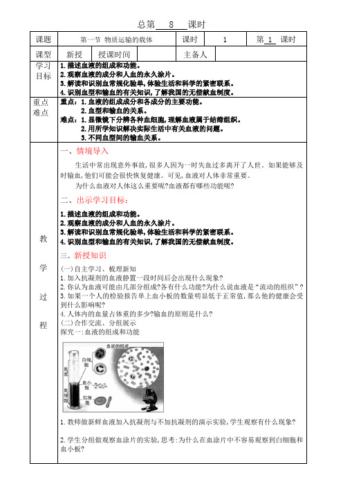 济南版七年级下册生物3.3.1物质运输的载体