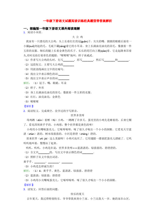一年级下册语文试题阅读训练经典题型带答案解析