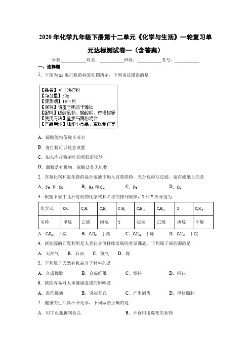 2020年化学九年级下册第十二单元《化学和生活》一轮复习单元达标测试卷一(含答案)