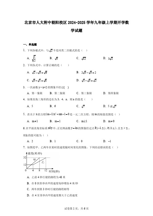 北京市人大附中朝阳校区2024-2025学年九年级上学期开学数学试题