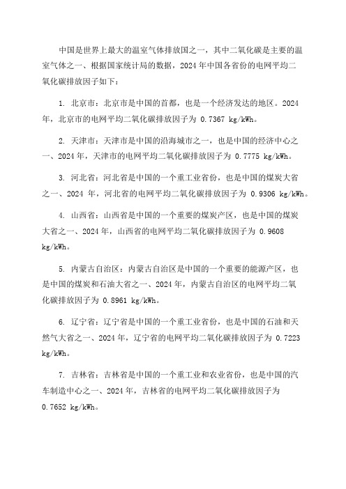 2024年中国区域及省级电网平均二氧化碳排放因子