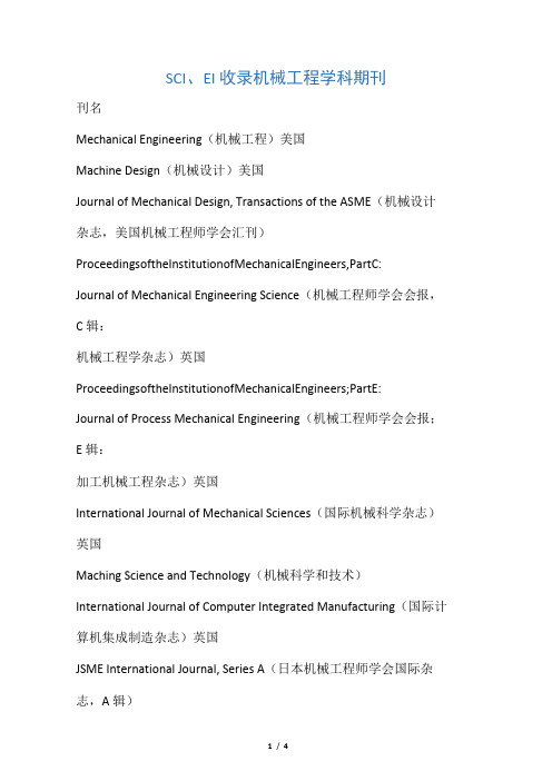 SCI、EI收录机械工程学科期刊