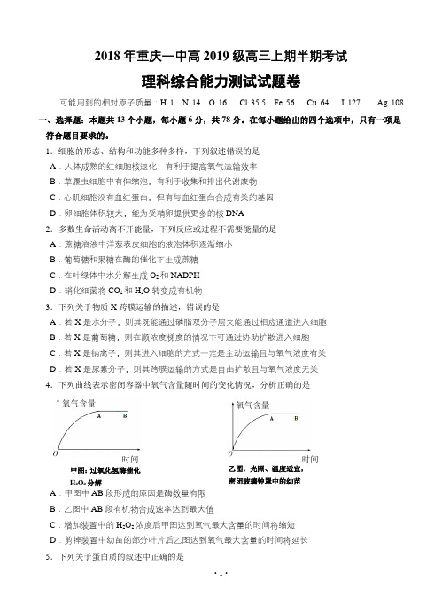 重庆市第一中学2019届高三上学期期中考试理科综合