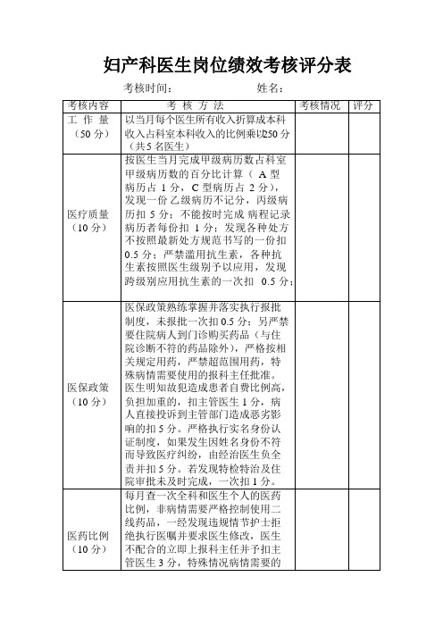 妇产科医生岗位绩效考核评分表