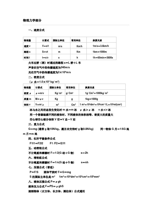 初中物理公式、单位换算大全