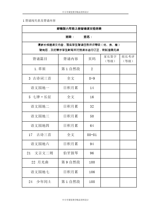 部编版六年级上册语文背诵闯关表及背诵内容