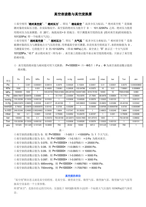 真空度单位换算表