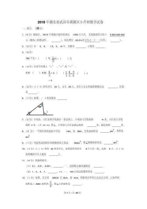 【精品】2018年湖北省武汉市黄陂区小升初数学试卷(逐题解析版)