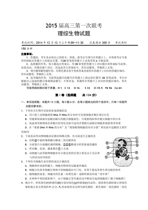 湖北省黄冈中学等八校2015届高三12月第一次联考理综生物试题及答案