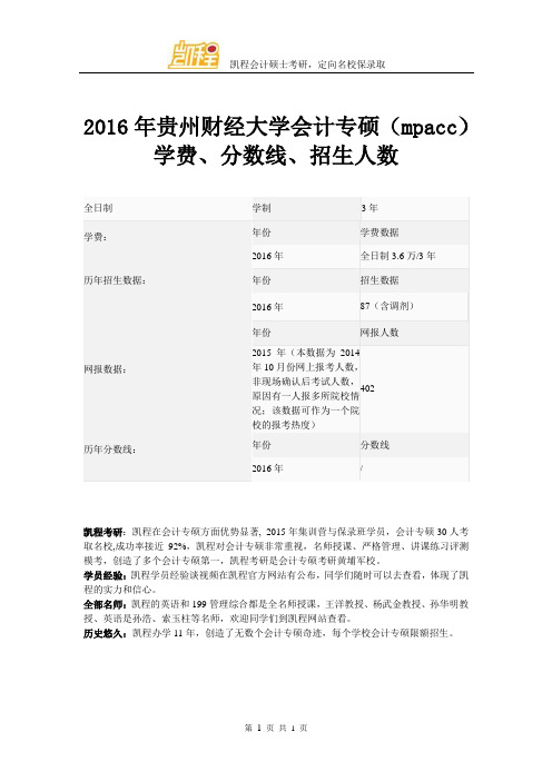 2016年贵州财经大学会计专硕(mpacc)学费、分数线、招生人数