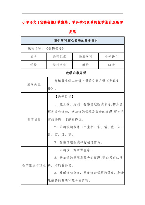 小学语文《登鹳雀楼》教案基于学科核心素养的教学设计及教学反思