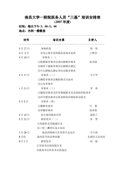 南昌大学一附院医务人员三基培训安排表