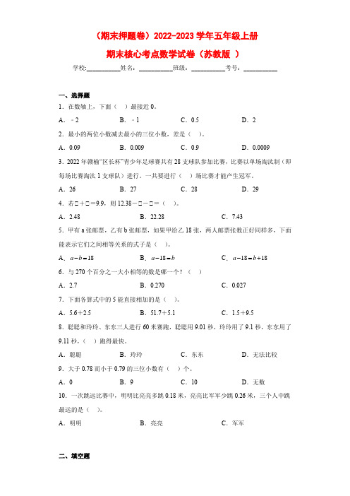 2022-2023学年五年级上册期末核心考点数学试卷(苏教版)