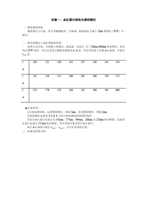 实验一、血红蛋白吸收光谱的测定